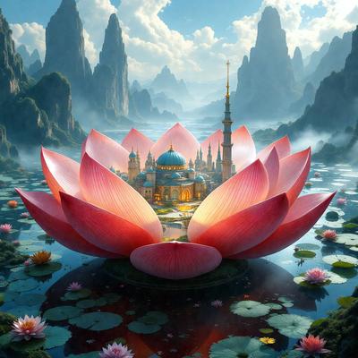 The primary subject of the image is a large, beautifully painted flower with a palace in the background. The flower is situated in a pond, surrounded by lush greenery and a mountainous landscape. The visual style of the image is a combination of photo and digital art, creating a vibrant and captivating scene. The dominant colors in the image are pink and red, giving the flower a warm and inviting appearance. The overall atmosphere of the image is serene and picturesque, with the palace and mountainous back